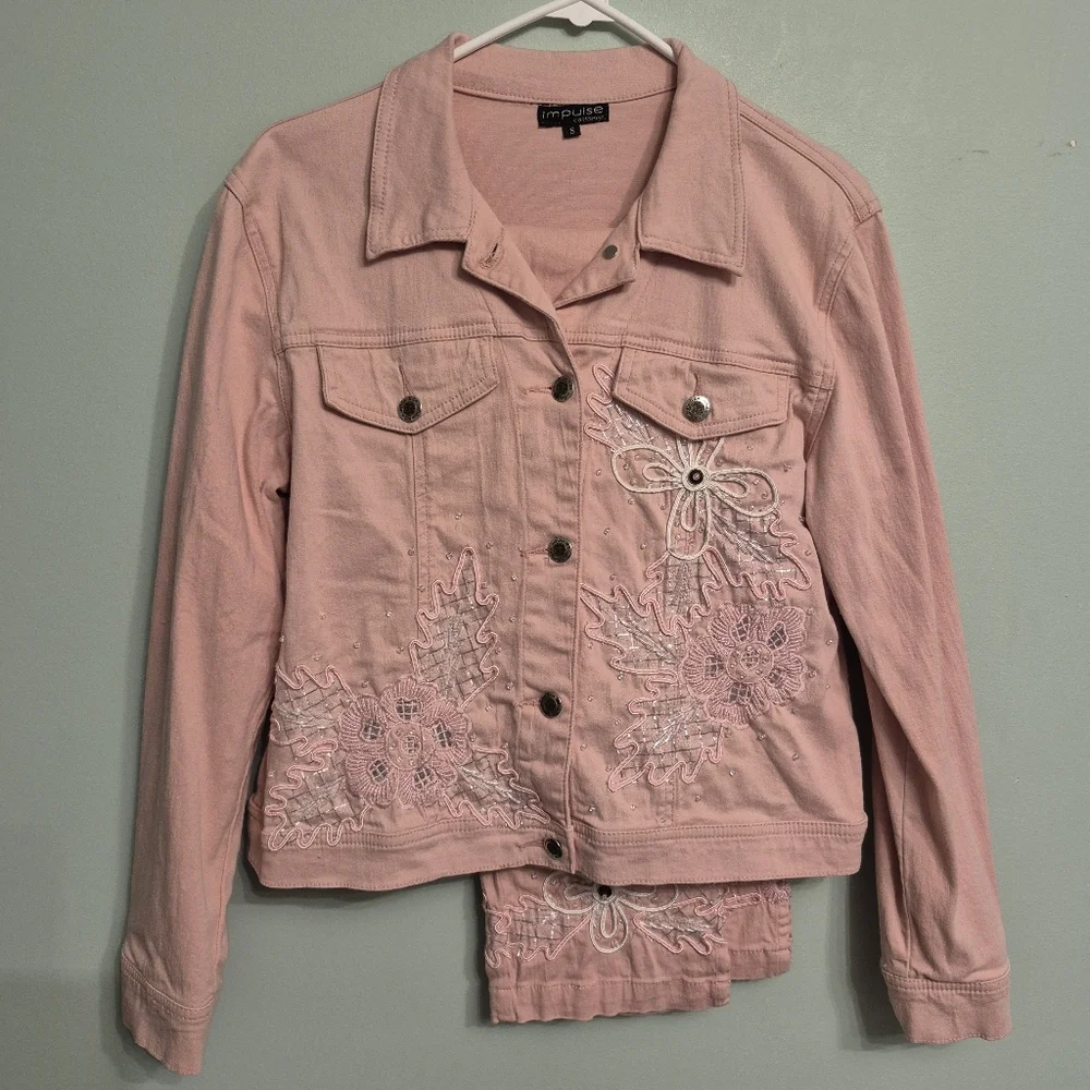 Impulse California Women's Pink Embroidered Floral Jacket Pant Set Size Small/6 - Picture 2 of 9
